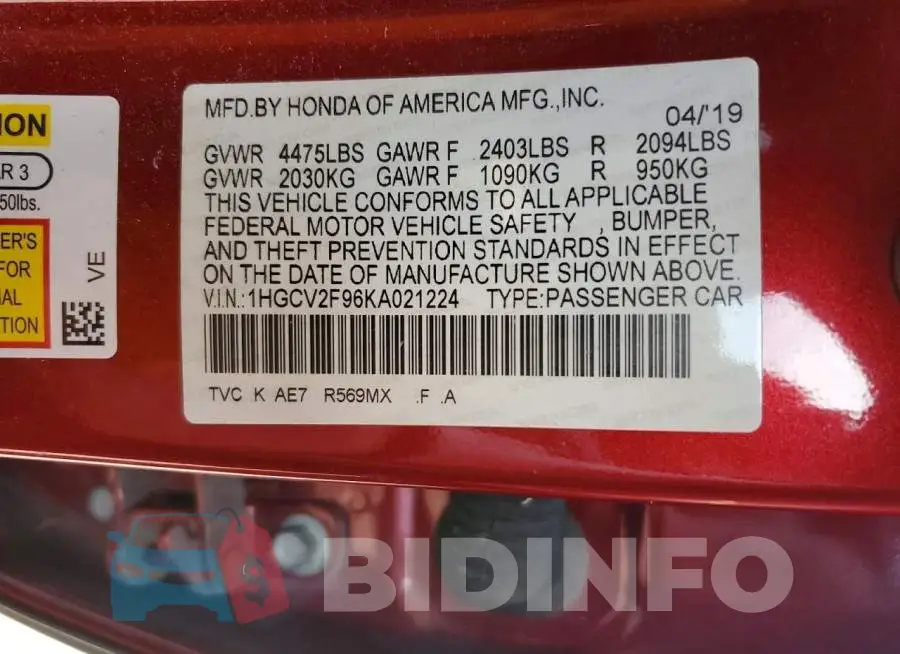 1HGCV2F96KA021224 Photo# 13