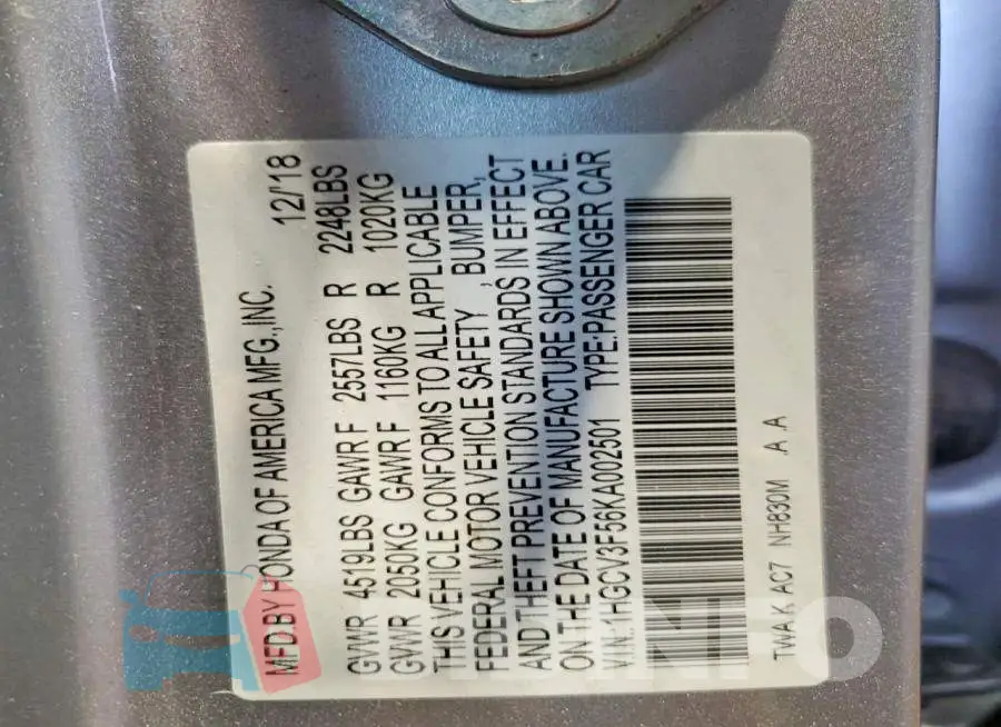 1HGCV3F56KA002501 Photo# 12