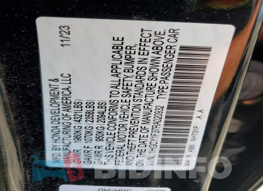 1HGCY1F37RA020932 Photo# 12