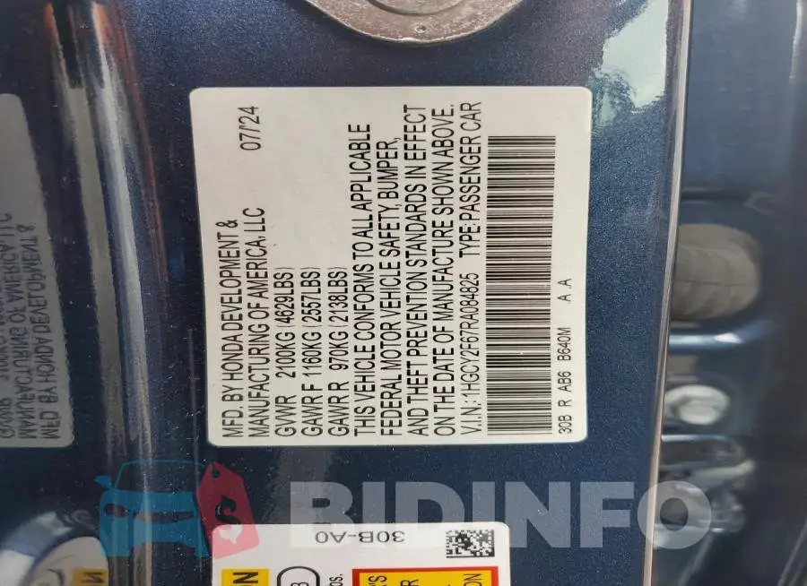 1HGCY2F67RA084825 Photo# 12