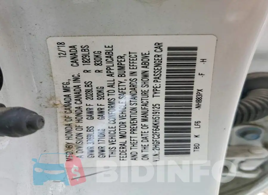 2HGFC2F64KH519125 Photo# 12