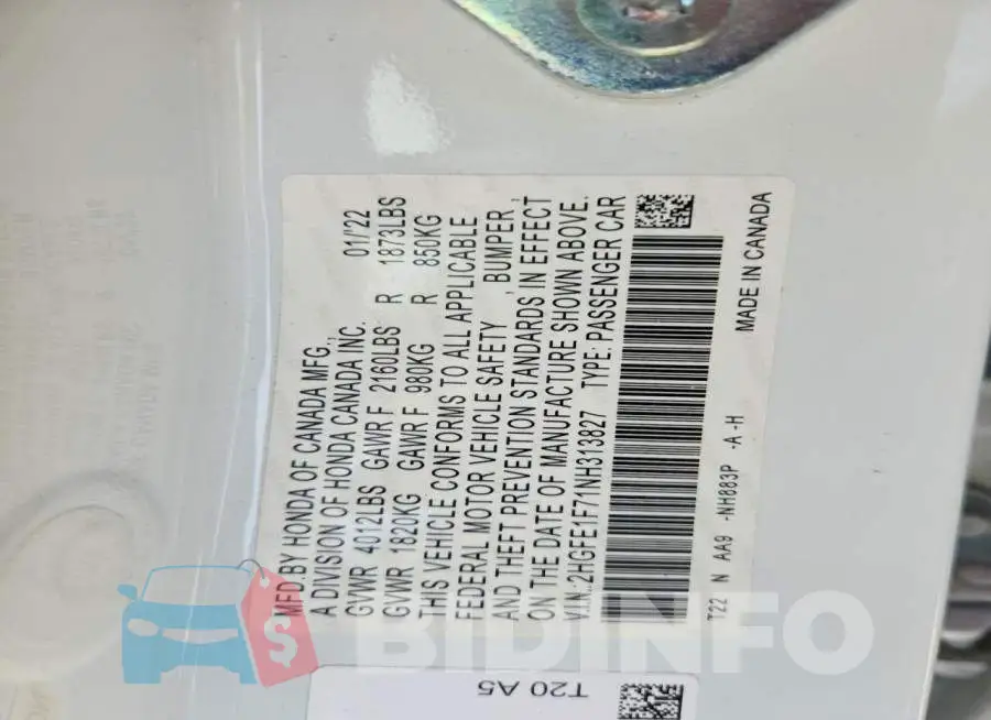 2HGFE1F71NH313827 Photo# 13