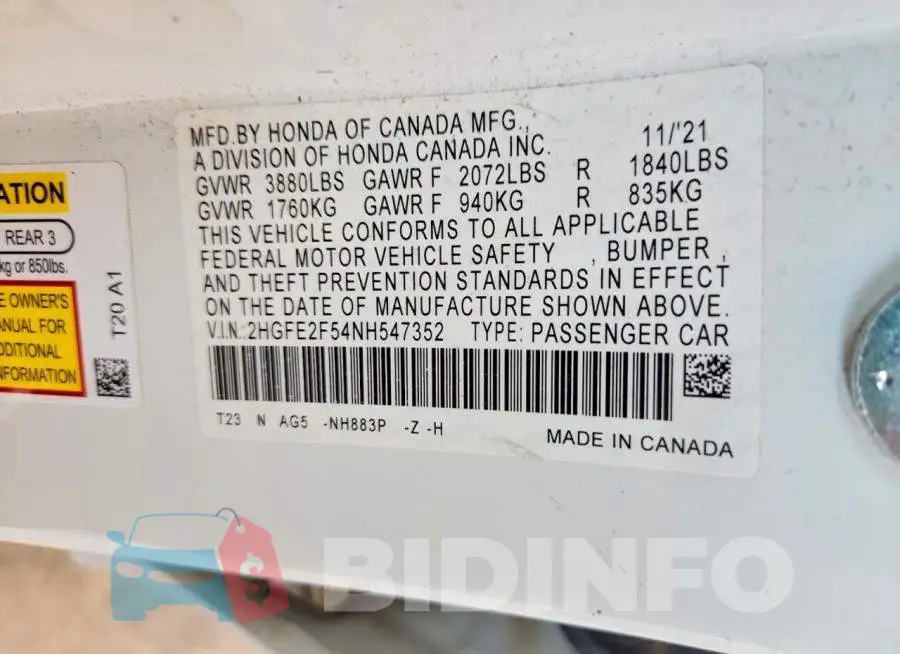 2HGFE2F54NH547352 Photo# 12