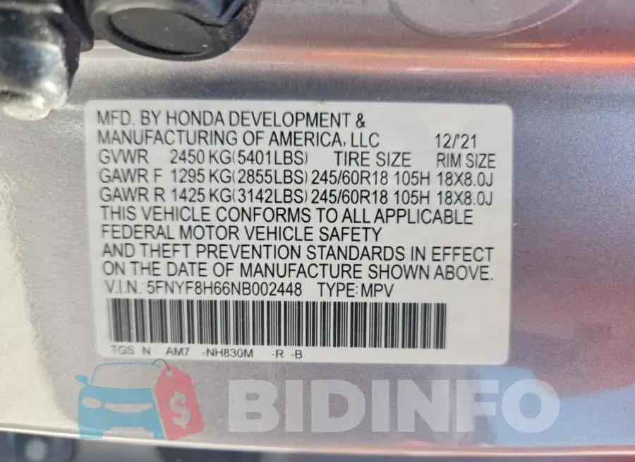 5FNYF8H66NB002448 Photo# 13