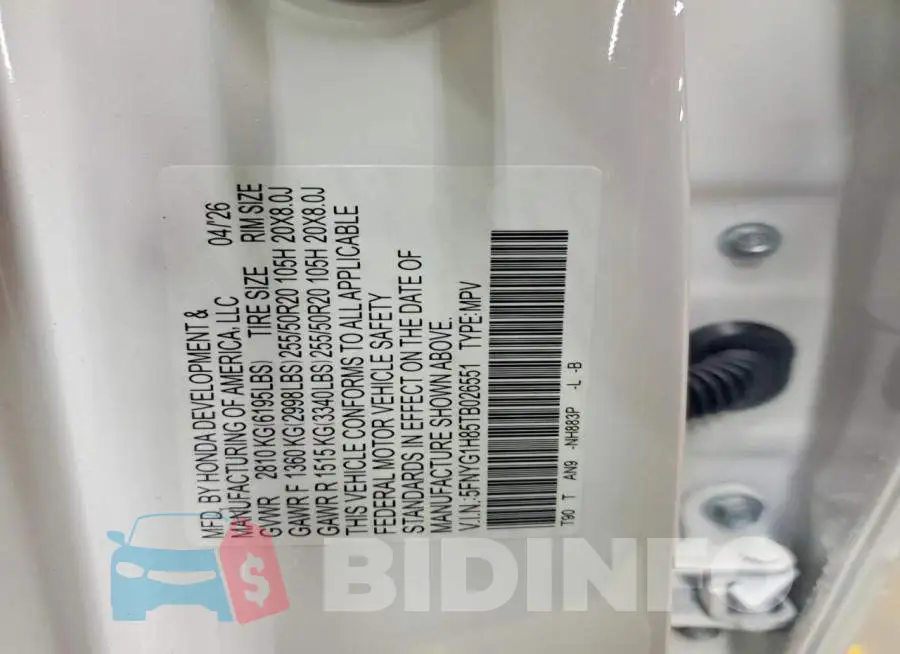 5FNYG1H85TB026551 Photo# 13