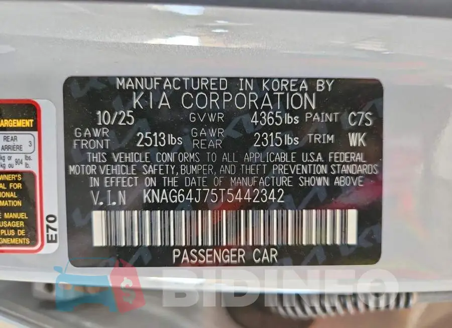 KNAG64J75T5442342 Photo# 13