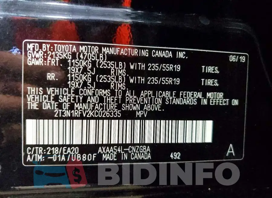 2T3N1RFV2KC026335 Photo# 13