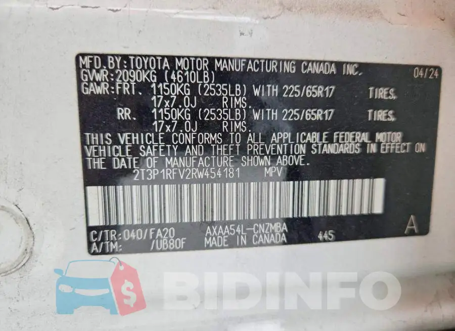 2T3P1RFV2RW454181 Photo# 13