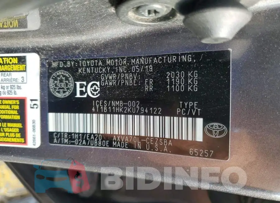 4T1B11HK2KU794122 Photo# 13