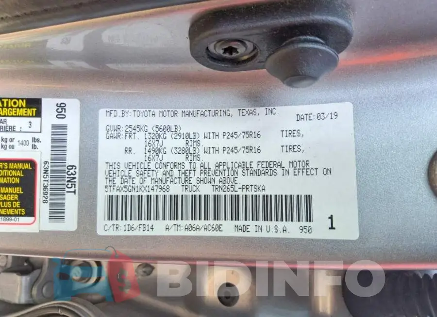 5TFAX5GN1KX147968 Photo# 12