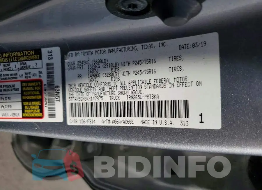 5TFAX5GN5KX147875 Photo# 12