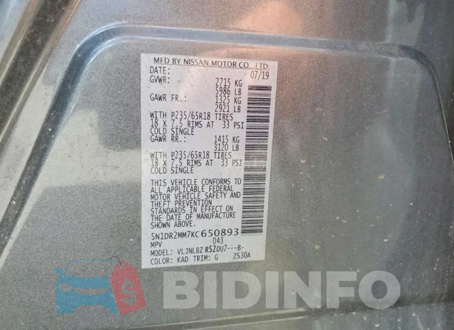5N1DR2MM7KC650893 Photo# 13