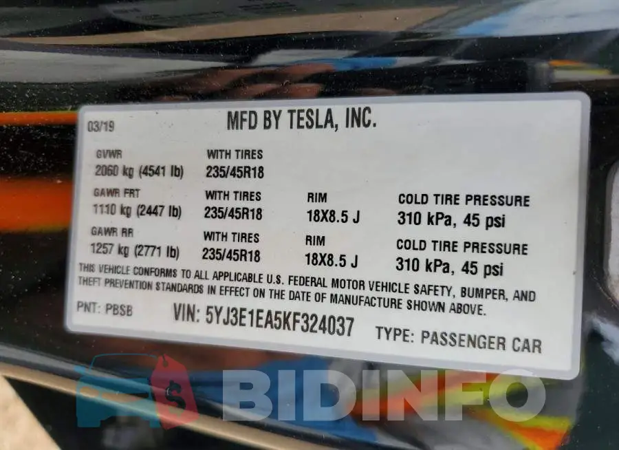 5YJ3E1EA5KF324037 Photo# 12