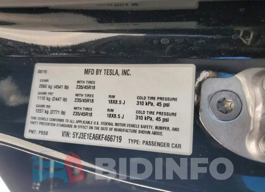 5YJ3E1EA6KF466719 Photo# 13