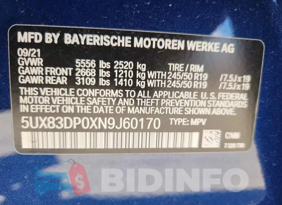 5UX83DP0XN9J60170 Photo# 13