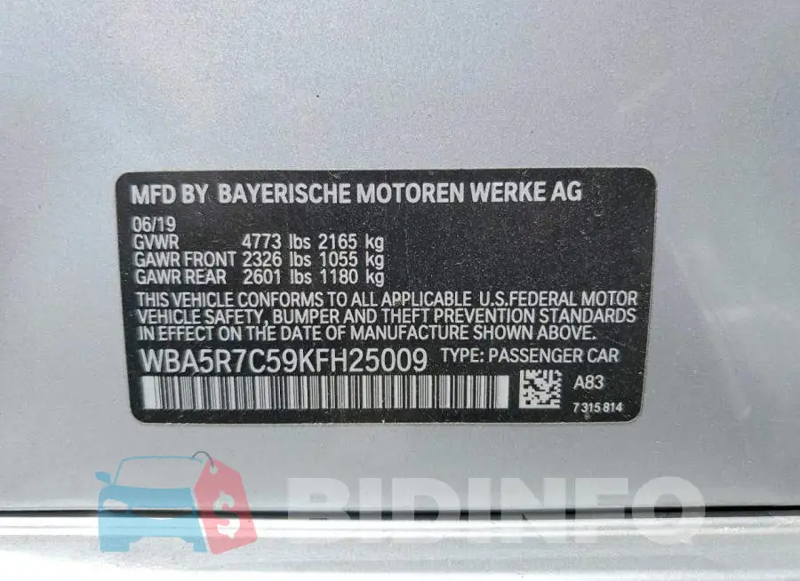 WBA5R7C59KFH25009 Photo# 12