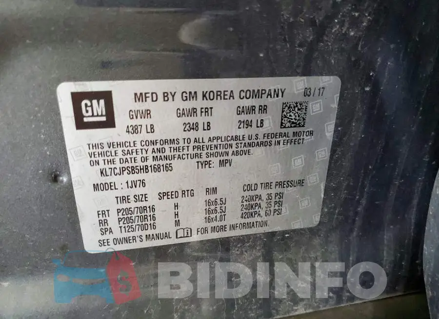 KL7CJPSB5HB168165 Photo# 13