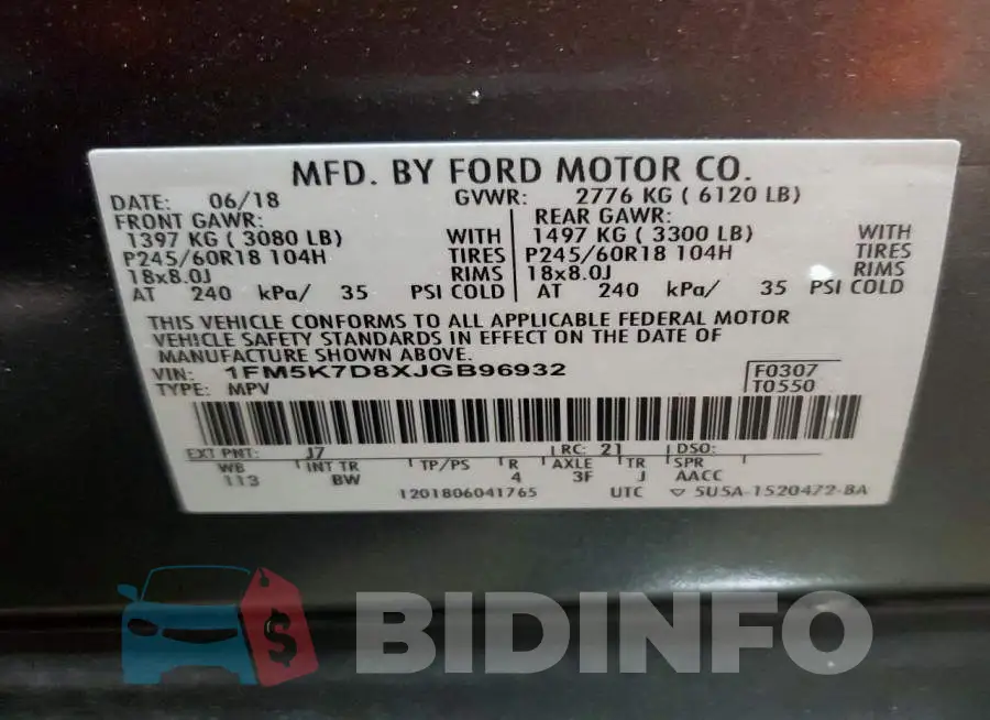 1FM5K7D8XJGB96932 Photo# 14