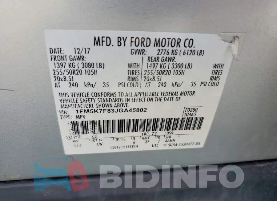 1FM5K7F83JGA45802 Photo# 13