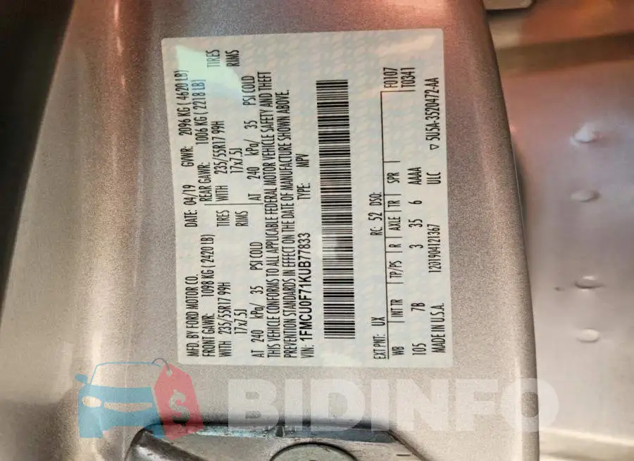 1FMCU0F71KUB77833 Photo# 13