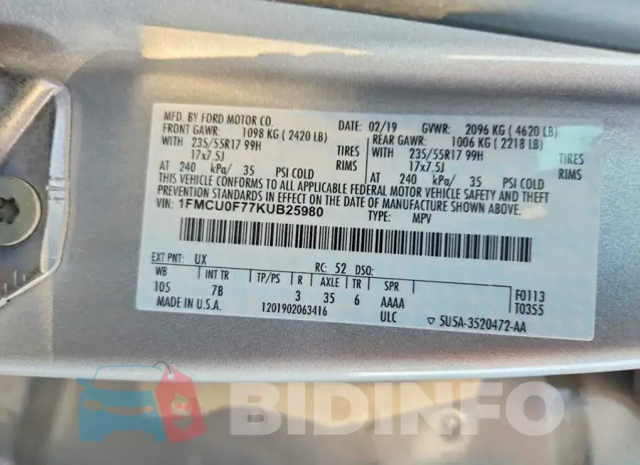 1FMCU0F77KUB25980 Photo# 13