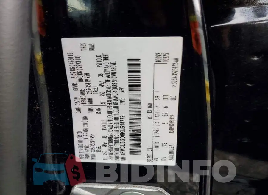 1FMCU9GD8KUB18772 Photo# 13