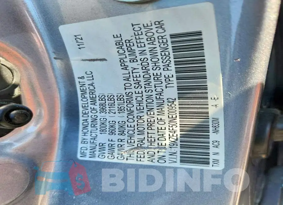 19XZE4F50NE009542 Photo# 12