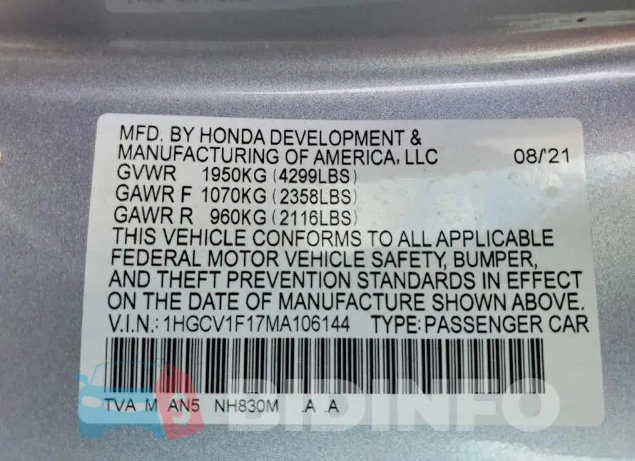 1HGCV1F17MA106144 Photo# 13