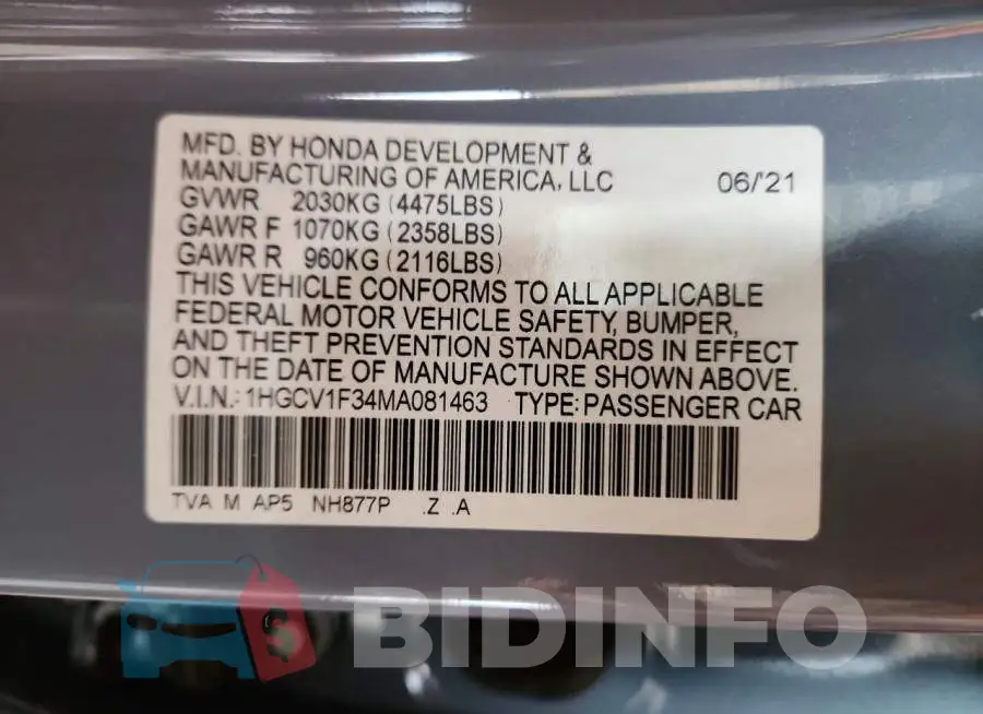 1HGCV1F34MA081463 Photo# 12