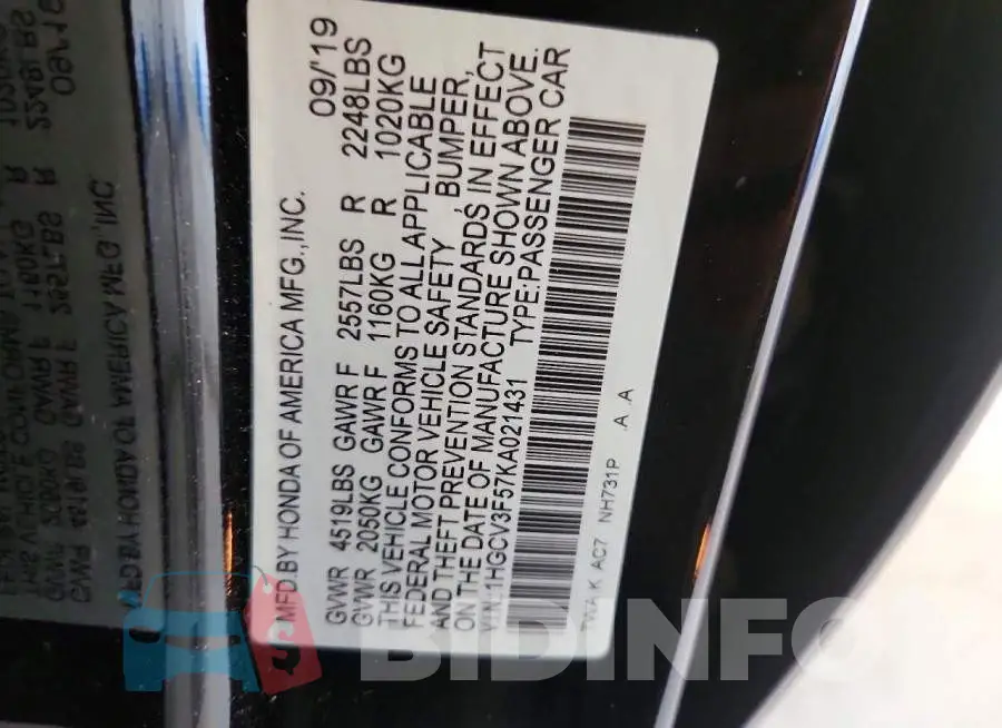 1HGCV3F57KA021431 Photo# 13