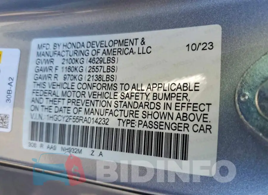 1HGCY2F55RA014232 Photo# 12