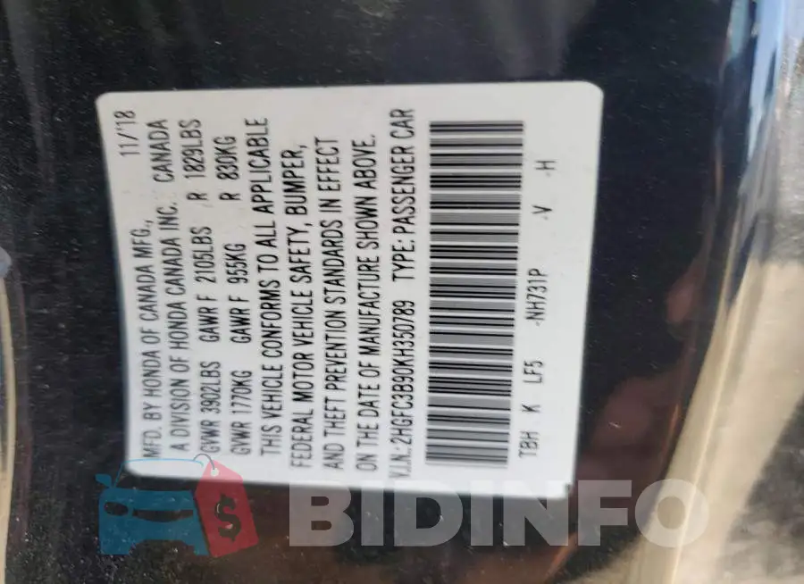 2HGFC3B90KH350789 Photo# 12