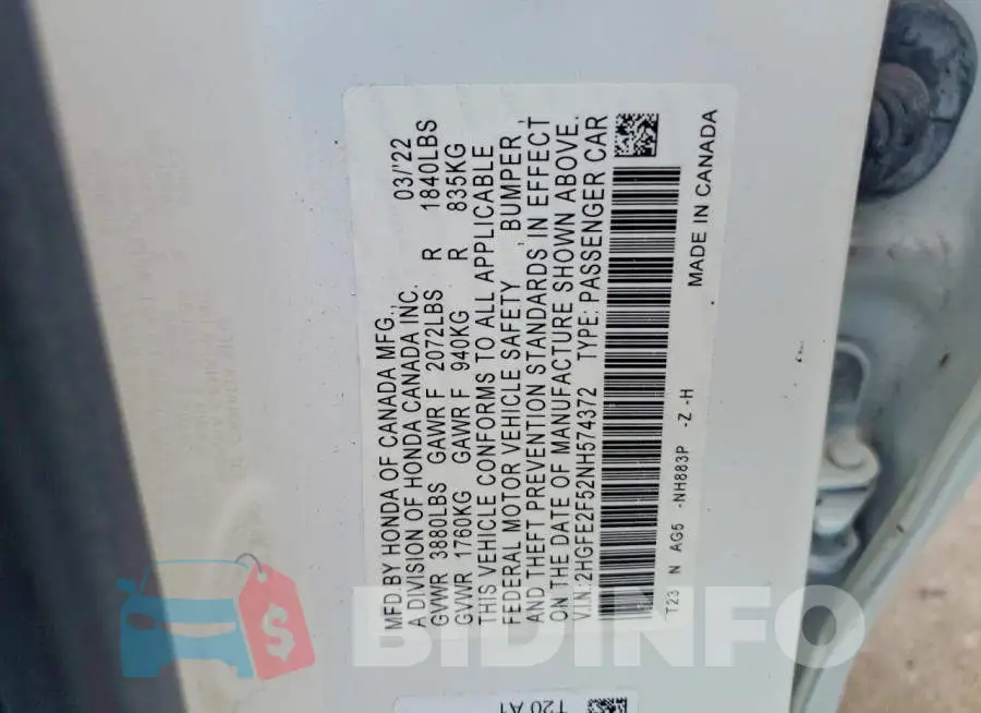 2HGFE2F52NH574372 Photo# 12