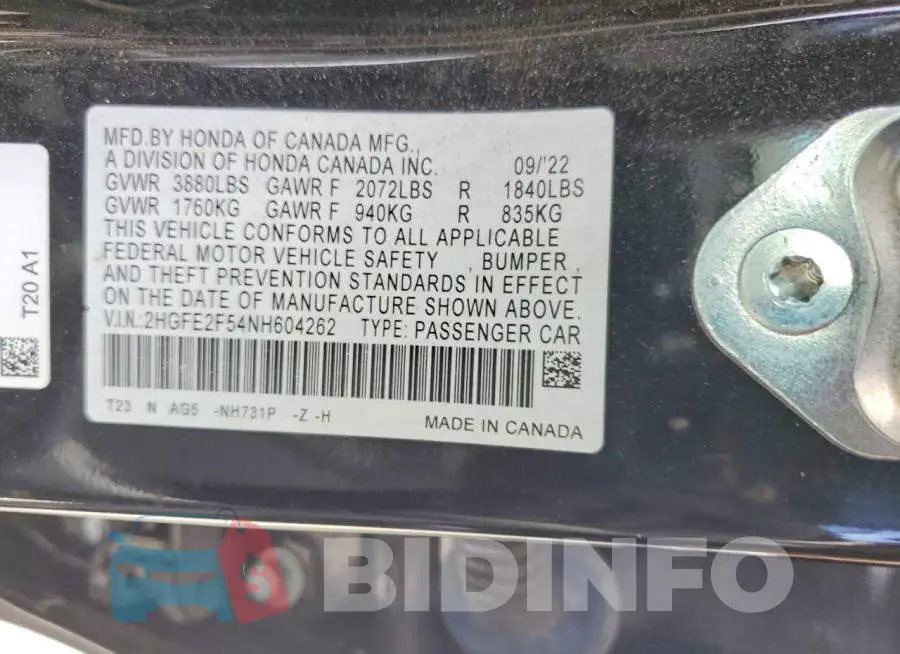 2HGFE2F54NH604262 Photo# 12