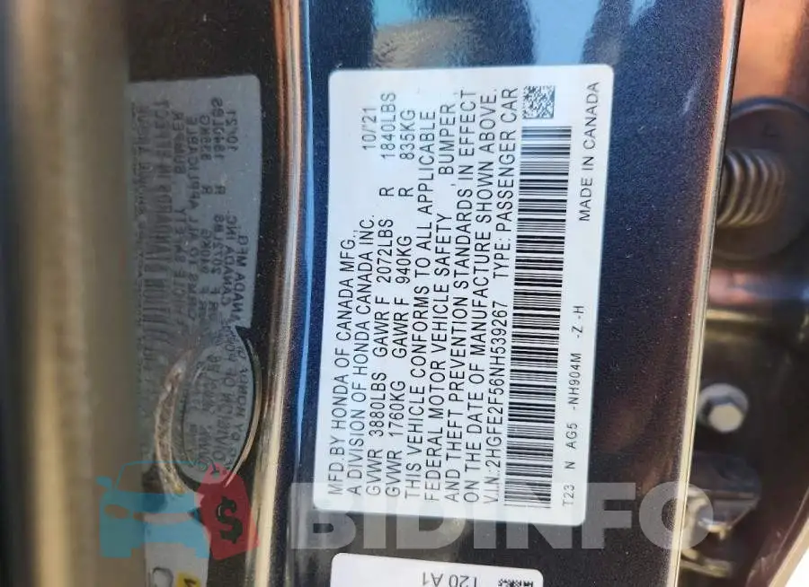 2HGFE2F56NH539267 Photo# 12