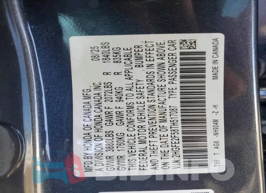 2HGFE2F58TH517087 Photo# 12