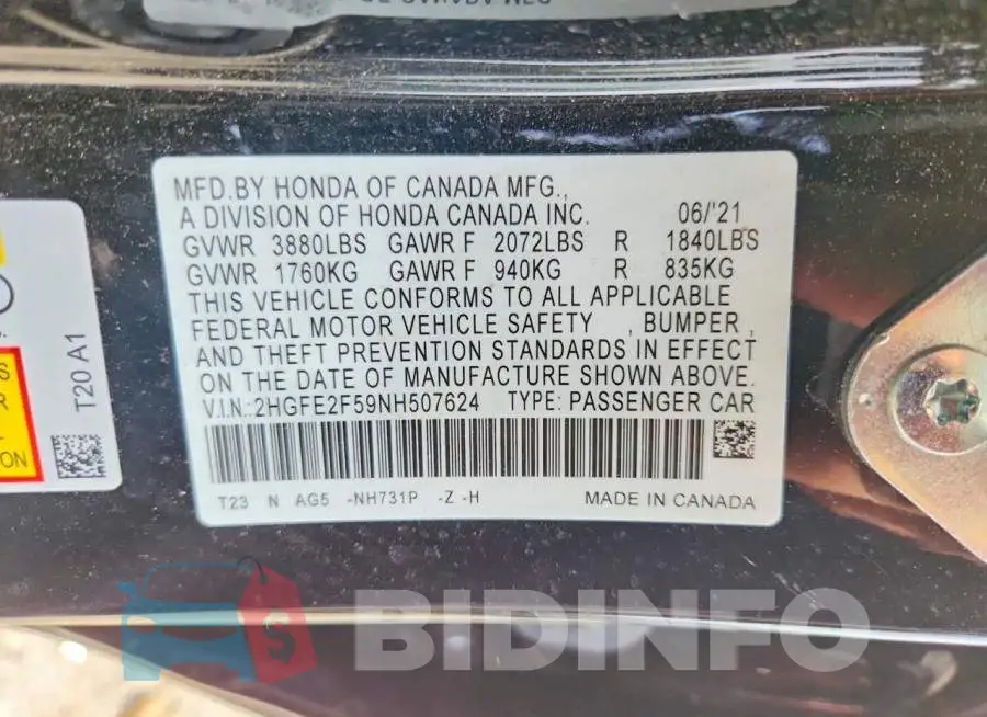 2HGFE2F59NH507624 Photo# 12