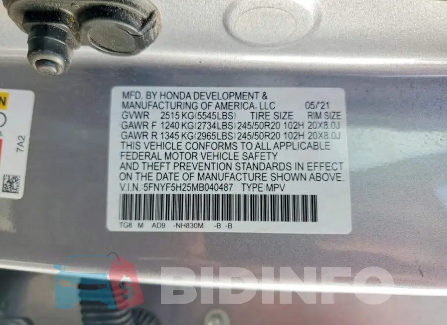 5FNYF5H25MB040487 Photo# 14