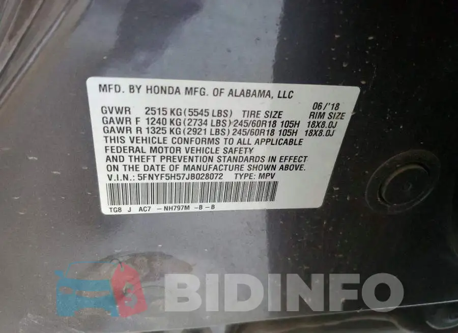 5FNYF5H57JB028072 Photo# 14