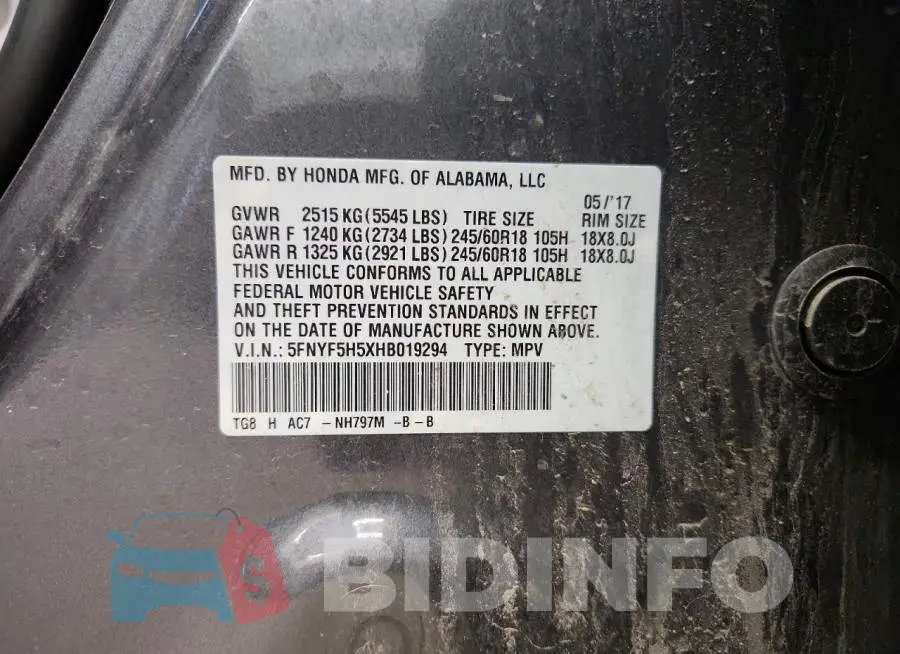 5FNYF5H5XHB019294 Photo# 13