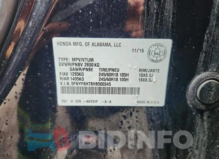 5FNYF6H78HB500345 Photo# 14