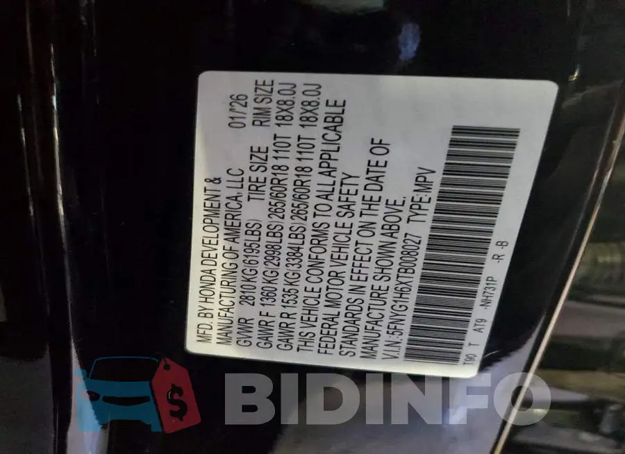 5FNYG1H6XTB008027 Photo# 13