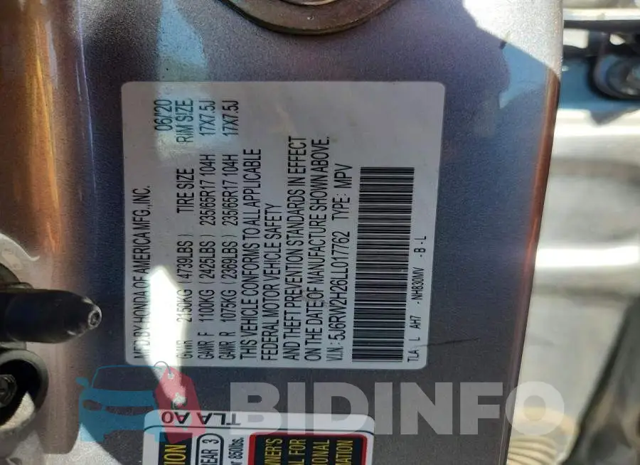 5J6RW2H26LL017762 Photo# 12