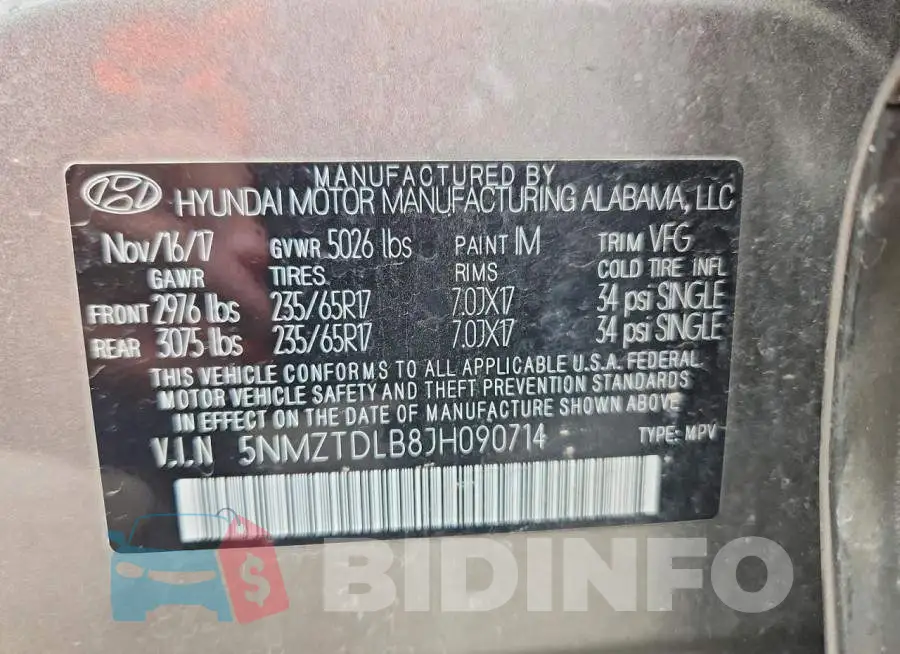 5NMZTDLB8JH090714 Photo# 13