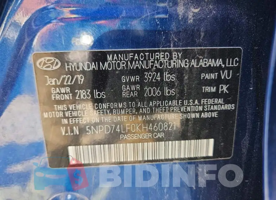 5NPD74LF0KH460821 Photo# 12