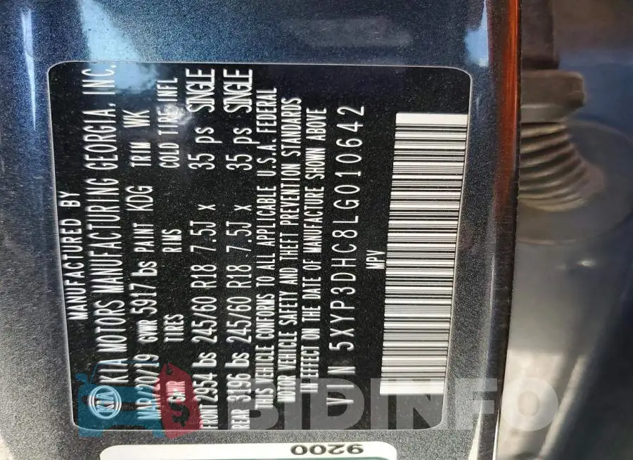 5XYP3DHC8LG010642 Photo# 13