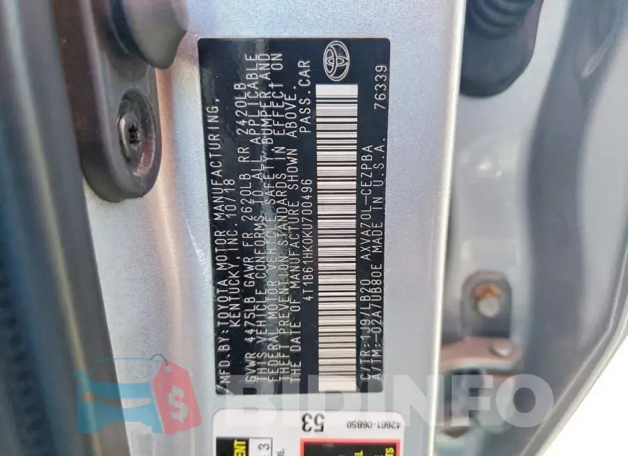 4T1B61HK0KU700496 Photo# 12