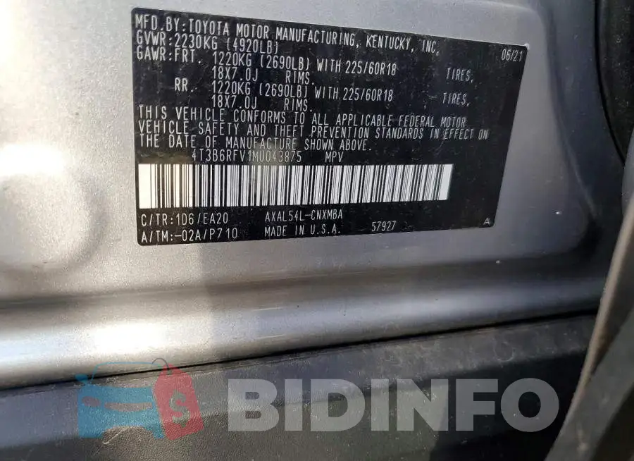 4T3B6RFV1MU043875 Photo# 12
