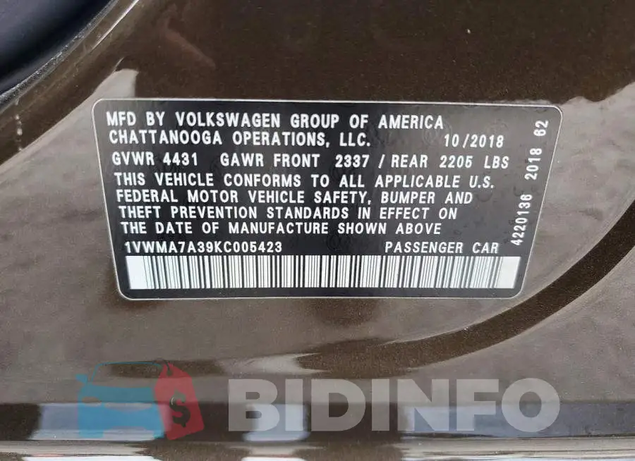 1VWMA7A39KC005423 Photo# 12