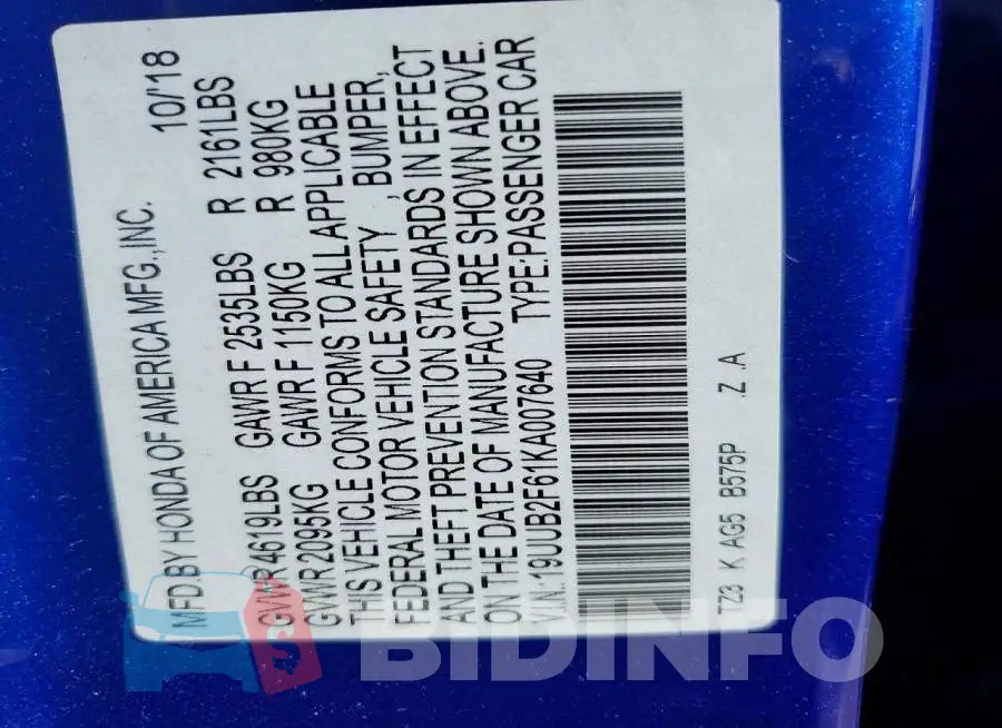 19UUB2F61KA007640 Photo# 12